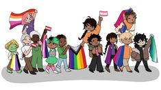 a group of people standing next to each other holding flags and rainbows in their hands