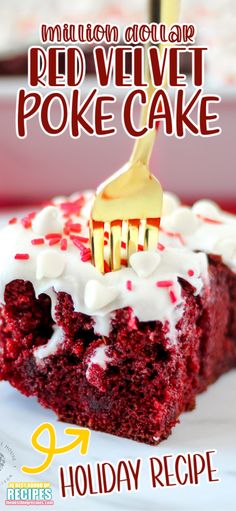 red velvet poke cake with white frosting and sprinkles is on a plate