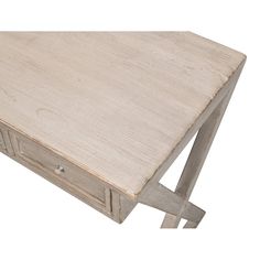 a white wooden table with two drawers on one side and an open drawer on the other