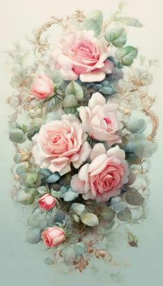 an artistic painting of pink roses and leaves