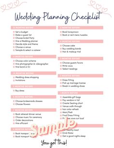 the wedding planning checklist is shown in pink