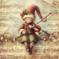 a painting of a girl playing the violin with music notes around her and christmas decorations