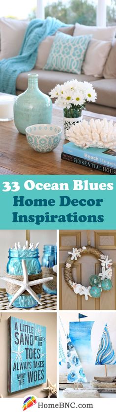 blue and white decor with text overlay that reads 3 ocean blues home decor inspirations