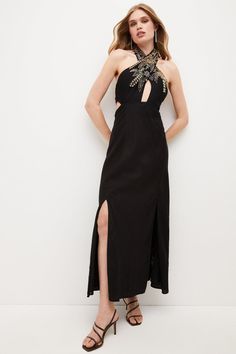 A Striking Addition To Your Black Dress Collection, This Premium Linen-Blend Maxi Makes The Most Of Sun-Kissed Skin Thanks To Its Shoulder-Baring Silhouette And Daring Asymmetric Cut-Outs. It Ties At The Neck For A Feminine Feel, Draping Down To A Split-Side Skirt That Swishes Beautifully As You Stride Into The Party.Style: Dressdesign: Plainfabric: Wovenlength: Midineckline: Halternecksleeve Length: Sleeveless Split Side Skirt, Black Dress Collection, Black Halter Dress, Party Style, Karen Millen, Sun Kissed, Fashion Face, Cut Outs, Dress Collection