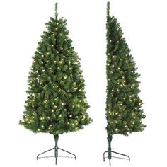 two artificial christmas trees with lights on them