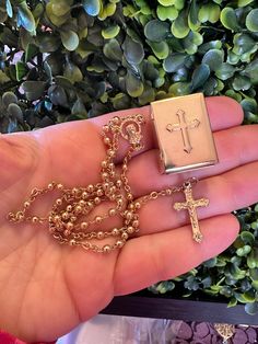 This listing is for a vintage rosary with box.   It measures 12" from top to bottom.  It would be nice for use or display. Vintage Crucifix Cross Necklace Gift, Vintage Engraved Cross Necklace Gift, Vintage Crucifix Cross Necklace As Gift, Antique Crucifix Necklace As A Gift, Vintage Gold Rosary Bracelet Gift, Vintage Gold Rosary As Gift, Vintage Gold Rosary Bracelet For Gift, Antique Crucifix Necklace Gift, Vintage Gold Rosary Bracelet As A Gift