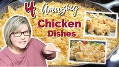 an image of a woman cooking chicken dishes on the stove with pictures of her family