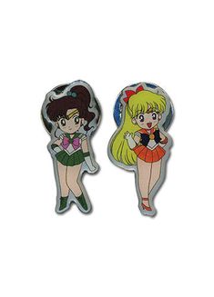 two pin badges depicting sailor girl and sailor boy, both with different hair colors on them