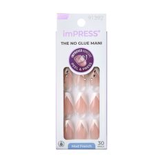 Fancy a new French NO GLUE Mani? Say “oui” to imPRESS Press On French Manicure. With our new improved adhesive, these press on nails are long-lasting with a secure hold that lasts for up to 7 days. Just peel, press & go! The NO GLUE instant mani with no damage to natural nails The EASIEST manicure with pre-applied adhesive - just peel, press & go NEW & IMPROVED adhesive for up to 7-day superior hold Nail kit contains 30 perfectly manicured press on nails, prep pad, mini nail file, and manicure stick Modern French press on nails with white tips are medium coffin Modern French Design, White Tip Nails, Easy Manicure, Medium Coffin, Modern French, White Tip, Nails French