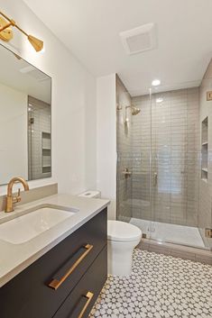 a bathroom with a walk in shower next to a white toilet and sink under a mirror