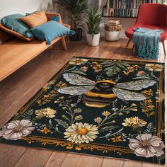 a rug with a bee and flowers on it in front of a couch, bookshelf