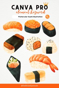 an illustrated book with sushi illustrations and the title canva pro element keyword