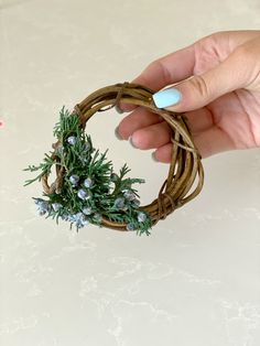 a person is holding a wreath made out of twigs and branches with blue berries on it