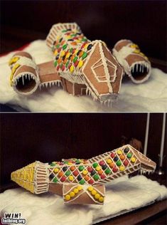 two pictures of gingerbread houses made to look like they have been built into the snow