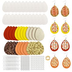 a variety of earrings and earring shapes are shown in this image, with different colors