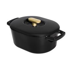 a black casserole with a wooden handle on a white background and gold knobs