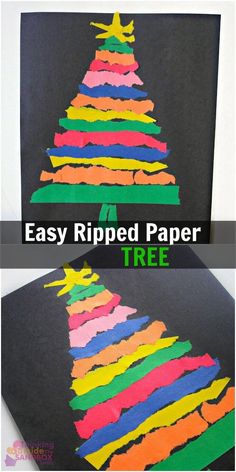 an easy christmas tree made out of strips of colored paper is shown with the words easy ripped paper on it