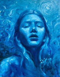 a painting of a woman's face with her eyes closed and water swirling around her