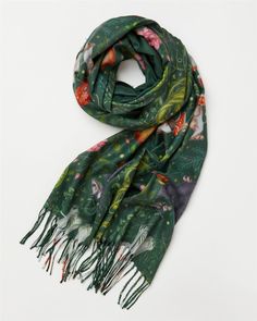 Catherine Rowe’s Into The Woods Scarf – Fable England US Cottagecore Scarf, Fable England, The Woods, Winter Scarves, Twilly Scarf, Crafts From Recycled Materials, Wild Adventures, Green Scarf, Animal Brooch