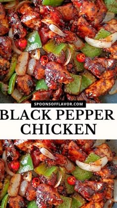 black pepper chicken in a skillet with onions and peppers