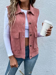 Flap Pocket Corduroy Vest Jacket Dusty Pink Casual  Sleeveless Corduroy Plain vest Non-Stretch  Women Clothing, size features are:Bust: ,Length: ,Sleeve Length: Corduroy Vest, Sleeveless Vest Jacket, Plain Vest, Chaleco Casual, Sleeveless Coat, Winter Vest, Casual Vest, Vest Coat, Corduroy Jacket