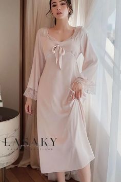 Lasaky - Charming Womens Vintage-Style Long Satin Lace Nightgown Sleepdress for Elegantly Comfortable Nights Long Sleeve Sleepwear With Lace Trim For Pajama Party, Pink Long Sleeve Nightgown For Nighttime, Long Sleeve Lace Trim Sleepwear, Feminine Long Sleeve Sleepwear For Bedtime, Long Sleeve Nightgown With Lace Trim For Sleepover, Long Sleeve Lace Trim Sleepwear For Sleepovers, Pink Long Sleeve Nightgown, Feminine Long Sleeve Nightgown For Home, Long Sleeve Lace Trim Sleepwear For Bedtime