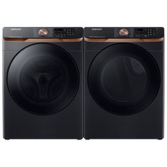 the front load washer and dryer are shown in black, with copper accents