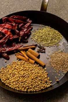 an assortment of spices and seasonings in a frying pan