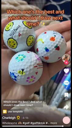 three white golf balls with smiley faces on them and the text which one's the best and what should i draw next time?