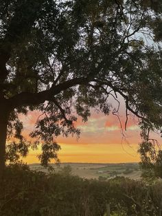 the sun is setting behind some trees and hills in the distance, as seen from an overlook