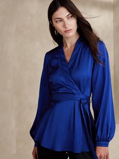 Carilla Satin Wrap Top | Banana Republic Kibbe Romantic Capsule Wardrobe, Kibbe Essence, Dramatic Classic Style Outfits, Jewel Tone Outfits, Wrap Up Top, Jewel Tones Fashion, Wrap Outfit, Silk Blouses For Women, Thrift Bundle