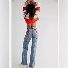 High Waisted Statement Pants, Frankie Cosplay, Jeans Back Pocket Design, Red Flare Jeans, Mountain Clothes, Fun Jeans, Free People Flare Jeans, Wishlist 2022, Statement Jeans