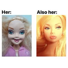 two barbie dolls side by side with the same image in different frames, one has blonde hair and the other has blue eyes