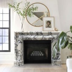 a living room with a fireplace and pictures on the wall, plants in vases