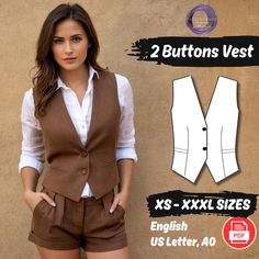 an image of a woman in shorts and vests with the text 2 buttons vest xs xxxl sizes english us letter, 40