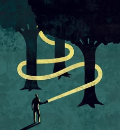 a man standing in the middle of a forest holding a fire hydrant with yellow lines coming out of it