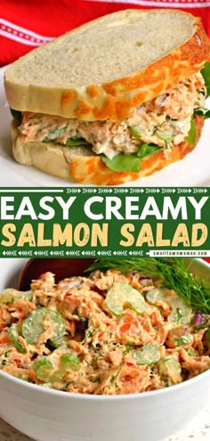 two images showing different types of salads and the same image with text that reads easy creamy salmon salad