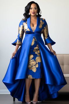 Xpluswear Design Plus Size Formal Red Floral Round Neck 3/4 Sleeve Peplum Satin Midi Dresses - Xpluswear Plus Size Evening Gown Special Occasions, Blue African Print Dress, African Dresses For Women Wedding, Church Dresses For Women Classy Chic, Satin Midi Dresses, Vip Dress, Classy Short Dresses, Winter Tips, Plus Size Evening Gown