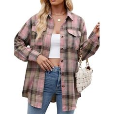 SHIBEVER Shirts for Women Plaid Flannel Blouses Long Sleeve Curved Hem Tops Casual Fall Clothing. This plaid shirt features a bold combination of colors, a classic plaid pattern, a loose fit, and a curved hem, allowing the wearer to make a bold fashion statement. Womens shirts Features Flannel shirts in plaid patterns are an excellent choice for women's wardrobes. Button-up shirts are a fashion-forward choice for women who appreciate style and comfort. The classic plaid pattern exudes timeless c Women Flannel Shirt, Women Flannel, Boyfriend Shirts, Pink Plaid Shirt, Oversized Shirts, Plaid Shirts, Flannel Shirts, Fall Clothing, Tops Casual