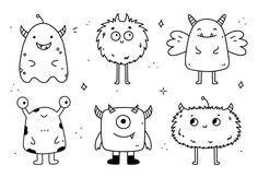 four cartoon monsters with different faces and hair, one is black and white the other has an