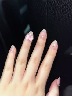 douyin nails Cute Nails Douyin, Coquette Nails Natural, Coquette Nails Short Simple, Pink Douyin Nails Almond, Short Nails With Bow Charm, Korean Glass Nails Short, Douyin Short Nails, Nails With Charms Simple