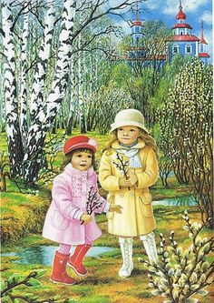 two children are standing in the woods with flowers and trees behind them, looking at each other