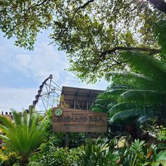 an amusement park sign surrounded by trees and plants