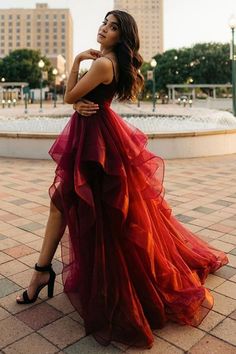 High Low Burgundy Tulle Long Prom Dress, Wine Red High Low Formal Evening Dress Prom Dress Ruffles, High Low Dress Formal, Burgundy Evening Dress, Dress Ruffles, High Low Prom Dresses, Spaghetti Strap Prom Dress, Burgundy Prom Dress, Red High, Tulle Prom Dress