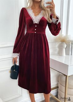 Get ready to turn heads at your next event with this Autumn And Winter Party Velvet Contrast Color Dress. Crafted from luxurious velvet fabric, this red velvet dress is designed for elegance and comfort during colder months. The rich burgundy tone combined with delicate lace detailing along the V-neckline and cuffs adds a touch of sophistication and timeless beauty. With its high-waist design, this dress perfectly flatters your figure, while the pleated skirt offers a graceful, flowing movement, Elegant Velvet V-neck Dress For Fall, Elegant V-neck Velvet Dress For Winter, Festive Long-sleeve Velvet Dress, Holiday Velvet V-neck Evening Dress, Fall Midi-length Velvet Dress, Backless Cocktail Dress, Cocktail Bridesmaid Dresses, Burgundy Midi Dress, Woolen Dresses