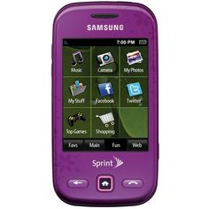 a purple cell phone with icons on the screen