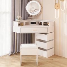 a white vanity with mirror and stool in front of it on a wooden floor next to a curtained window