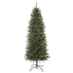 a tall artificial christmas tree with white lights on it's base and stand in front of a white background