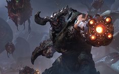 an image of a video game character with glowing eyes and large horns in front of other monsters