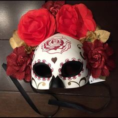 Day Of The Dead Mask. Bought As A Back Up In Case Another Hand Made Mask Didn’t Show Up. So This Was Never Worn. Brand New With Tag. Bought With The Scuffing On The Top. (They Were Stored With A Bunch Of Other Masks At The Shop.) One Of The Roses Came Unglued. I Lost It Before I Had The Chance To Glue It Back On. Red, Gold, And Black Mask. Will Need To Put Black Make Up On Around Your Eyes Because The Mask Eye Holes Are Large. Sugar Skull Half Mask, Candy Skull Mask, Skull Mask Flowers, Skull Candy Mask, Catrina Mask, Day Of The Dead Mask, Paper Mache Mask, Mascaras Halloween, Red Mask